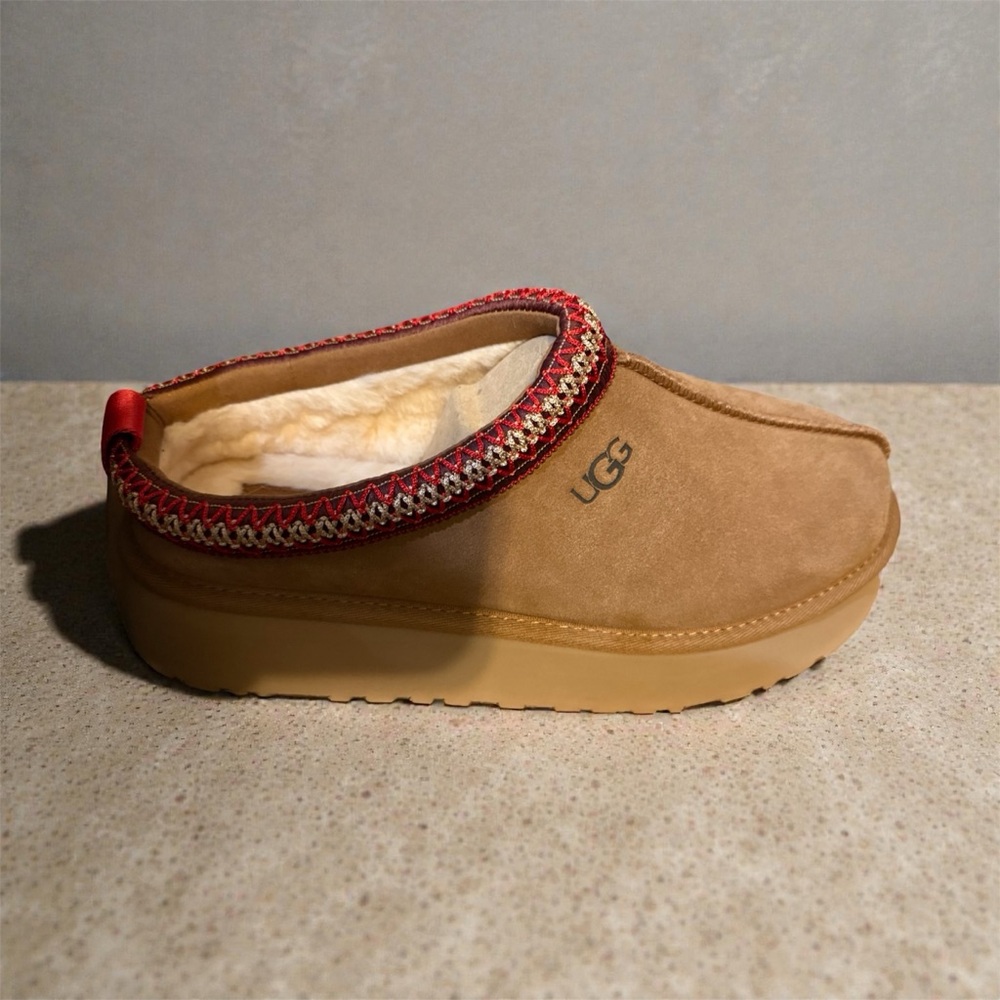 UGG Tan Mules with Red Accent